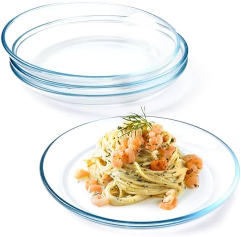 NUTRIUPS 4 Pack 10in Glass Dinner Plates, Clear Tempered Glass, Dinnerware for Pasta, Salad, Dishwasher & Microwave Safe