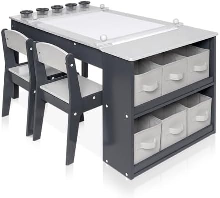 Milliard Kids Art Table and Chair Set - 2-in-1 Easel & Kids Craft Table and Chairs with Storage - Activity Station, Coloring, Drawing - 5 Paint Cups, 6 Storage Bins & Paper Roll - for Ages 8-12 & 4-8