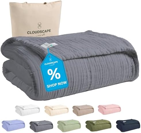 Cloud Scape Linen 100% 8-Layer Cotton Muslin Blanket Queen Size,Lightweight All Season Blanket for Bed, Oversized Cotton Blankets, fits Full Size Bed, 92x92, Dark Grey