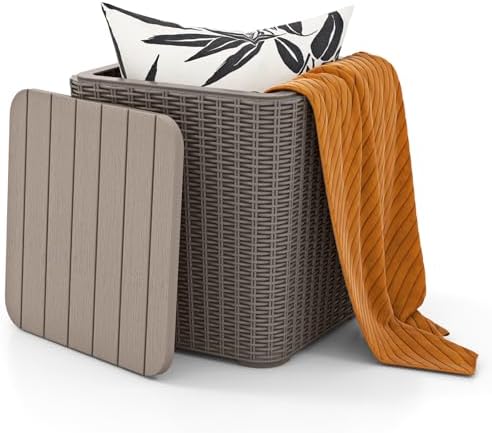 Tangkula 11.5 Gallon Water-proof Deck Box, Outdoor Patio Storage Box w/Removable Lid &, Faux Rattan Storage Container Side Table, All Weather Patio Furniture Extra Seat for Poolside (Brown)