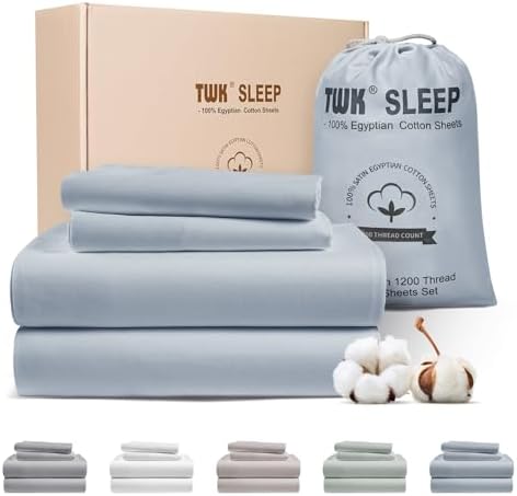 TWK 1200 TC 100% Egyptian Long-Staple Cotton Bedding Sheets Set, Luxury Hotel Style Deep Pocket with Elastic Reinforced Seams Sheet Set, Soft & Comfy Natural Sheets (French Blue, King)