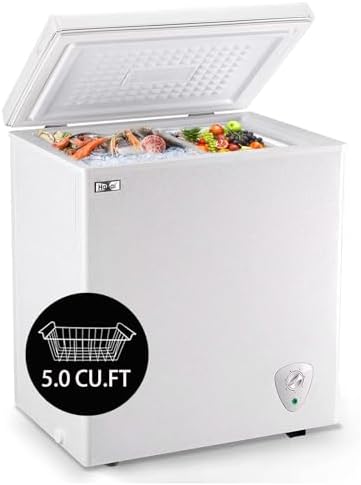 Chest Freezer 5.0 Cu.Ft Small Deep Freezer White Top Door Mini Freezer with Removable Basket, Low Noise, 7 Adjustable Temperature and Energy Saving Perfect for Home Garage Basement Dorm or Apartment