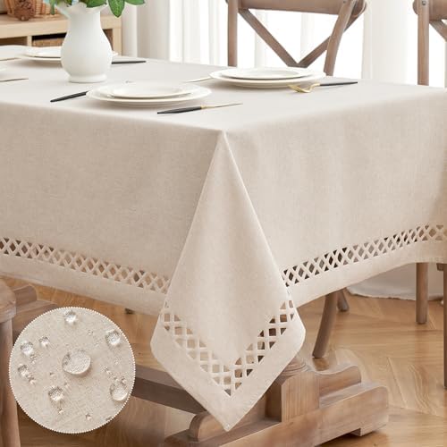 MIULEE Natural Thick Polyester Linen Rectangle Tablecloth Decorative Cutouts Waterproof Stain Resistant Table Cloth Farmhouse Table Cover for Thanksgiving Dining Party Buffet Wedding, 55 x 84 inch