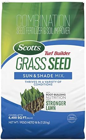 Scotts Turf Builder Grass Seed Sun and Shade Mix with Fertilizer and Soil Improver, Thrives in Many Conditions, 16 lbs.