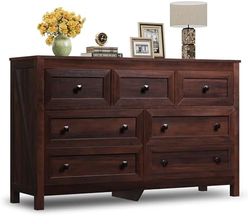 WLIVE Farmhouse Dresser for Bedroom, 51.18'' Wide 7 Drawer Wood Dresser, TV Stand for 65 inch TV, Wooden Chest of Drawers for Bedroom, Modern Clothes Organizer for Living Room, Hallway, Rustic Brown