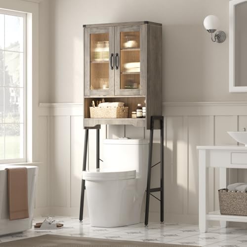 Over The Toilet Storage Cabinet with Tempered Glass Doors and Adjustable Shelf, Bathroom Organizer with Metal Stand Space Saver Over Toilet , Modern Toilet Rack for Bathroom, Restroom, Laundry, Grey