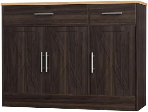 Shintenchi Modern Farmhouse Sideboard Buffet Cabinet,Barn Doors Buffet Cabinet with 2 Drawers & 3 Doors,Wood Coffee Bar Cabinet with Adjustable Shelf for Kitchen Living Room,Brown
