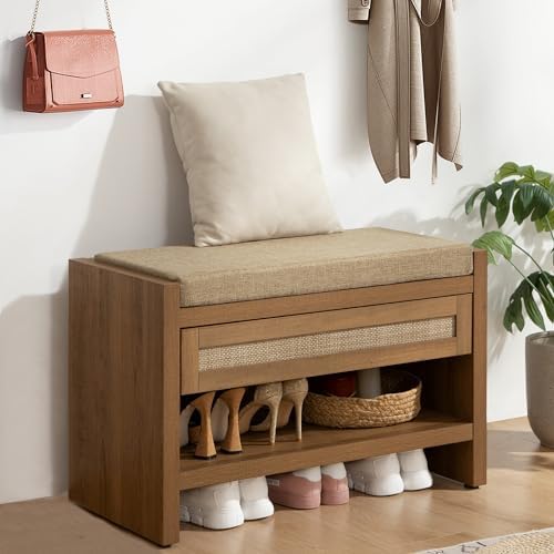 SICOTAS Rattan Shoe Bench Entryway Bench with Storage Drawer and Linen Seat Cushion, Farmhouse Boho Shoe Rack with Shelf, Wooden Storage Bench for Entryway Hallway and Bedroom, Caramel Oak