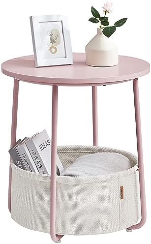 VASAGLE Small Round Side End Table, Modern Nightstand with Fabric Basket, Jelly Pink and Cream White ULET223R61