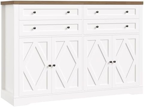 HOSTACK 55" Coffee Bar with 4 Large Drawers, 40" Tall Buffet Cabinet with Storage, Kitchen Storage Cabinet, Modern Farmhouse Sideboard Buffet, Adjustable Shelves for Living Room, White