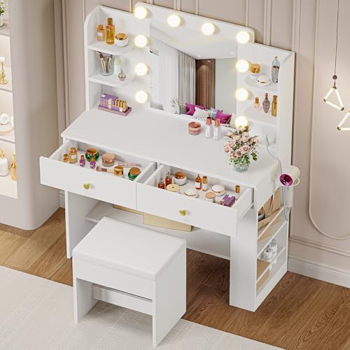 IRONCK Vanity Desk with Mirror, Compact Makeup Vanity Table with 2 Large Drawers, Shelves, Power Outlet and Side Drawers, 3 Color Modes Adjustable Bulb, Bench Included, White