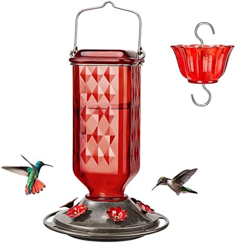 Kingsyard Glass Hummingbird Feeder for Outdoor Hanging, 24 Ounces, 6 Feeding Ports, Bird Nectar Feeder for Garden Décor, Ant Moat Included, Red