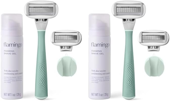 FLAMINGO 5-Blade Razors for Women - 1 Razor Handle + 1oz Foaming Shave Gel + 1 Shower Holder - Sage (Pack of 2)