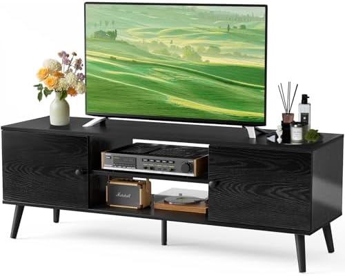 DUMOS TV Stand for 55 60 inch TV, Entertainment Center with Storage Cabinet, Mid Century Modern Media Console Table, Adjustable Hinge, Wooden Television Furniture for Living Room, Office - Black
