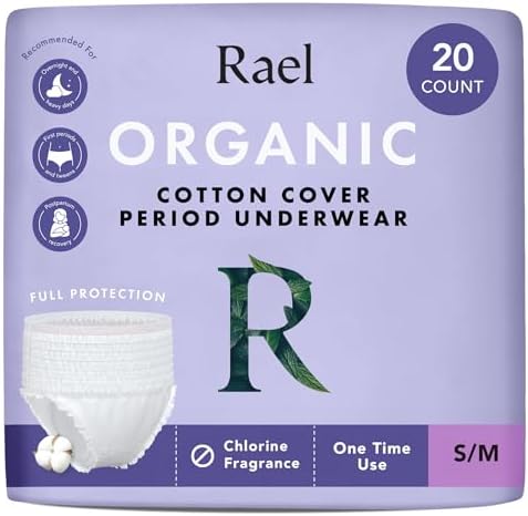 Rael Disposable Underwear for Women, Organic Cotton Cover - Postpartum Essentials, Leak Locker, Unscented, Maximum Coverage (Size S-M, 20 Count)