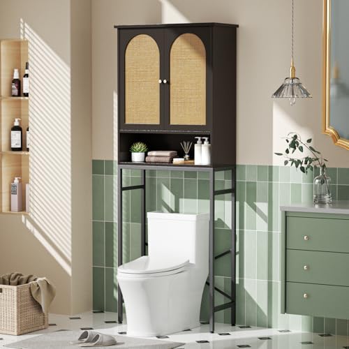 Rattan Toilet Storage Cabinet, Over The Rack Wood Cabinet with Metal Stand, Bathroom Organizer with Adjustable Shelf, Tall Freestanding Washer Shelf, Small Cupboard, Space Saver, Natural style, Black