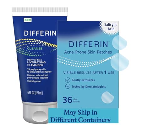 Differin Hydrating Cleanser and Patch Set: Contains 36 Power Patches, 18 large and 18 small pimple patches for Acne-prone skin, and Oil-Free Hydrating Cleanser 6 Oz