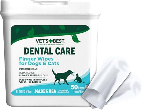 Vet's Best Dental Care Finger Wipes for Dogs, Plaque & Tartar Remover For Teeth, Dog Dental Care Freshens Breath, Teeth Cleaning Finger Wipes for Dogs & Cats, Dog Wipes, Pet Wipes For Cats, 50 Count