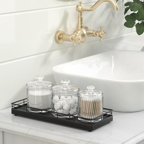 Bathroom Tray for Counter, Oak Wooden 11.2" L Decorative Vanity Tray for Dresser Tops Perfume Jewelry Makeup Candle Soap Sponge Holder for Kitchen Countertop Organizer Coffee Table Decor Bar Black