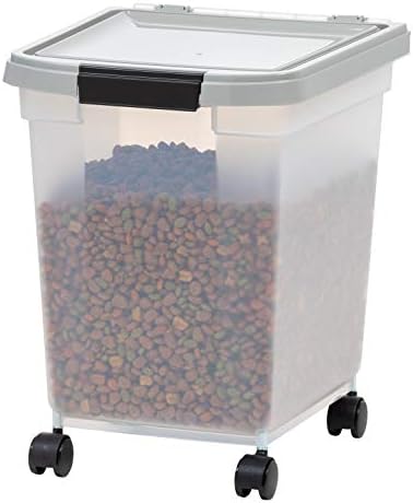 IRIS USA WeatherPro Airtight Dog Food Storage Container, Up to 25 lbs, Removable Wheels, for Dog Cat Bird and Other Pet Food Storage Bin, Keep Fresh, Translucent Body, Clear/Gray