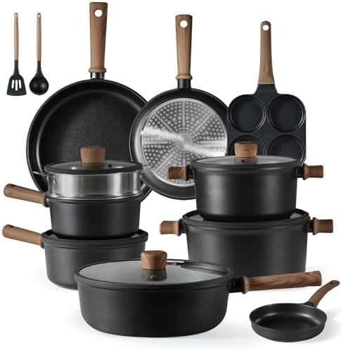 CAROTE Nonstick Kitchen Cookware Sets, Non stick Pots and Pans set, Induction Cookware Set 17pcs Black
