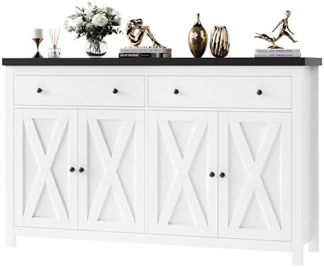 FOTOSOK Sideboard Buffet Cabinet with Storage, 55" Large Kitchen Storage Cabinet with 2 Drawers and 4 Doors, Wood Coffee Bar Cabinets Buffet Table for Kitchen Dining Room, White and Black