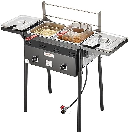 VEVOR Outdoor Propane Deep Fryer, Double Burners Commercial Fryer, 16 Qt Stainless Steel Cooker with Removable Baskets & Lids & Tanks, Oil Fryer Cart with Thermometer & Regulator, For Outdoor Cooking