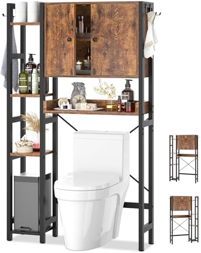 Over The Toilet Storage Cabinet with Doors - 7 Tier Bathroom Organizer with Adjustable Shelf, Freestanding Space Saver Rack Above Toilet Stand with 4 Hooks for Bathroom, Restroom, Laundry, Rustic