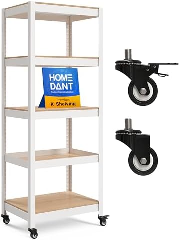 HOMEDANT House White 5-Tier Metal Rolling Cart Shelf Rack Casters Heavy Duty Wheel Shelving Unit Adjustable Utility Storage Shelves Organizer Shelf Kitchen Garage 24.4" W x 16.5" D x 62.2" H 1Pack