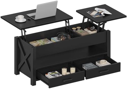 Seventable Coffee Table, 47.2" Lift Top Coffee Table with 2 Storage Drawers and Hidden Compartment, X Wood Farmhouse Support, Retro Center Table with Lift Tabletop for Living Room,Black