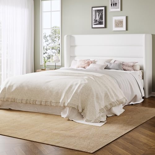 Allewie Full Size Platform Bed Frame with Velvet Upholstered Wingback Headboard, No Box Spring Needed, Under Bed Storage Space, Strong Wooden Slats, Modern Mattress Foundation, Easy Assembly, White