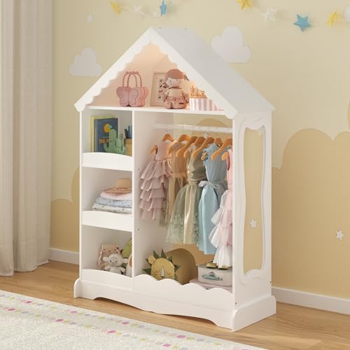 Curipeer Dollhouse Kids Dress Up Storage with Full-Length Mirror & Motion Sensor Light, Open Hanging Kids Wardrobe Closet, Toddler Dress up Rack, Armoire Costume Organizer for Playroom, White
