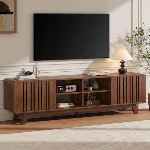 ONBRILL 70-Inch TV Stand for TVs up to 80 Inch, Mid-Century Modern Television Stand with Power Outlet, Entertainment Center with Sliding Grille Door Cabinets and Open Shelves for Living Room, Walnut