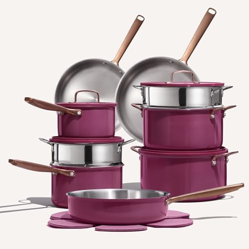 CAROTE 24pcs Tri-Ply Stainless Steel Cookware Set, Pots and Pans Set, Non Toxic Induction Kitchen Cooking Sets, Cookware Collection, Outer Ceramic Layer, Violet Purple