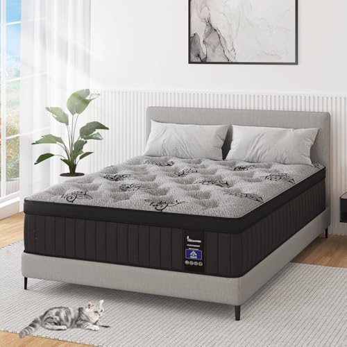Queen Mattress, 9 Inch Hybrid Mattresses Bed in a Box with Gel Memory Foam & Pocket Spring, Euro Top, Medium Firm for Back Support & Pressure Relief, Motion Isolation, Grey