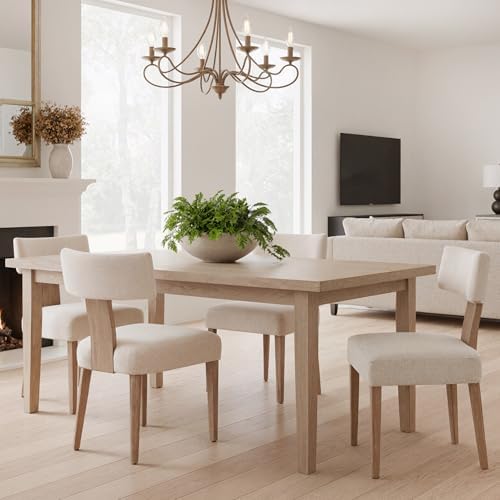 HNY Mid Century Modern Dining Chairs Set of 4, Farmhouse Linen Fabric Upholstered Accent Curved Backrest Kitchen Chairs, with Hardwood Frame, Beige