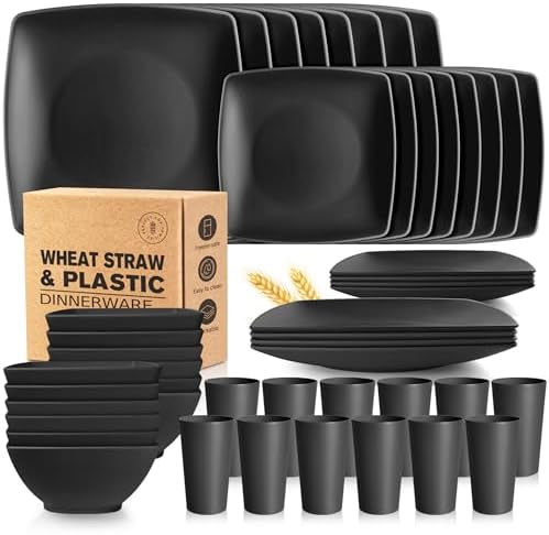 Teivio 48-piece Kitchen Plastic Wheat Straw Square Dinnerware Set for 12, Unbreakable Dinner Plates, Salad Plates, Snack Bowls, Tumblers 13.5 oz, Dishwasher Safe, Outdoor Camping,Black