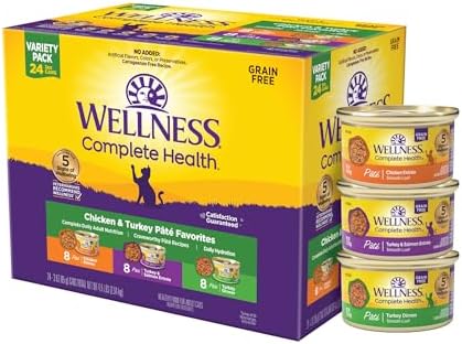 Wellness Complete Health Pate Adult Wet Cat Food, Natural, Protein-Rich, Grain-Free, 3 Ounce, 24 Pack, (Chicken & Turkey Variety Pack)