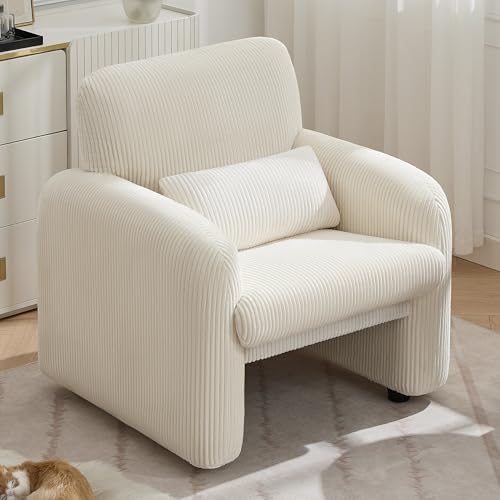 Corduroy Fabric Accent Chair, Modern Upholstered Living Room Chairs with Lumbar Pillow, Wide Comfy Leisure Armchair for Bedroom, Office, Reading, White