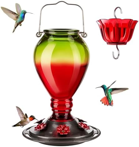 Kingsyard Glass Hummingbird Feeder - 6 Bee Guard Feeding Ports & Ant Moat, 24 oz Leak Proof, Wild Bird Feeder for Outdoors Hanging, Easy to Clean & Refill, Garden Yard Decor, Red & Green