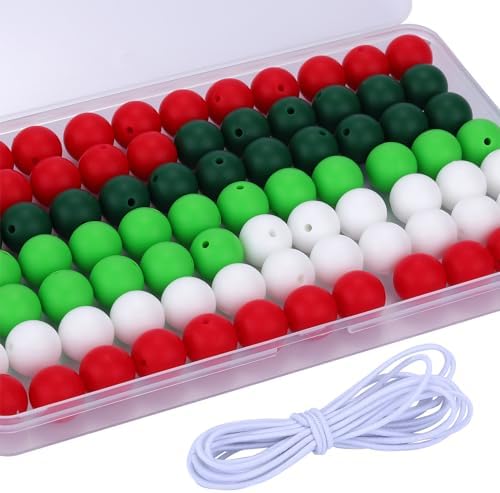 80Pcs 15mm Christmas Silicone Beads Bulk Round Silicone Focal Beads for Pens DIY Keychain Beaded Pen Necklace(Red and Green)