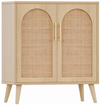 Rovaurx Rattan Storage Cabinet with Doors, Modern Accent Bathroom Floor Cabinet, Sideboard Buffet for Living Room, Entryway, Dining Room and Kitchen, Natural BMGZ108M