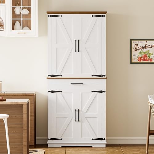 IRONCK Farmhouse Kitchen Pantry Cabinet, Tall Storage Cabinet with 6 Hanging Shelves and Adjustable Shelves, Freestanding Cupboard with Barn Doors for Kitchen, Dining RoomοΌ White/Walnut