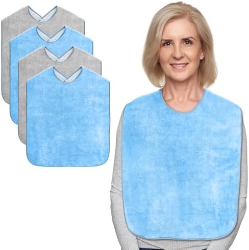 Adult Bibs for Men and Women 4 Packs, Reusable Terry Bibs for Elderly Senior, Waterproof Towel for Adults