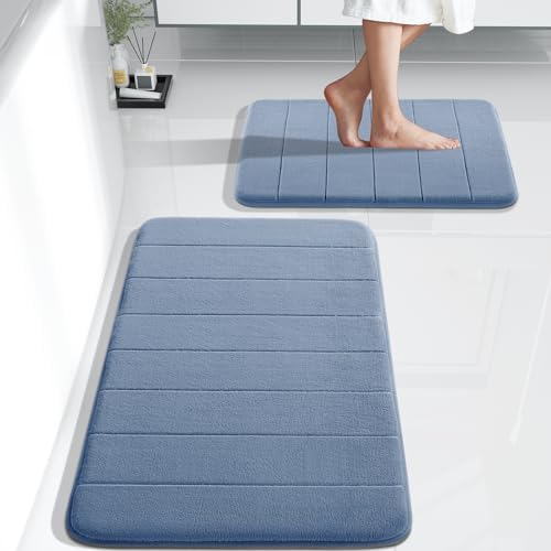 Yimobra Memory Foam Bathroom Rugs Sets 2 Piece - Super Soft Absorbent Quick Dry Bath Mat Set, Machine Washable Non Slip Floor Carpet for Tub Shower & Single Sink (17x24 & 31.5x20 Inch, Denim Blue)