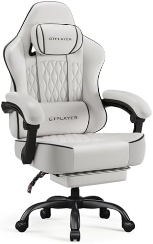 GTPLAYER Big and Tall Gaming Chair with Footrest, Ergonomic Office Desk Chair with 4.4in Thick Cushion and Wide Wingless Seat, Comfortable Leather Computer Chair, Predator Series, White