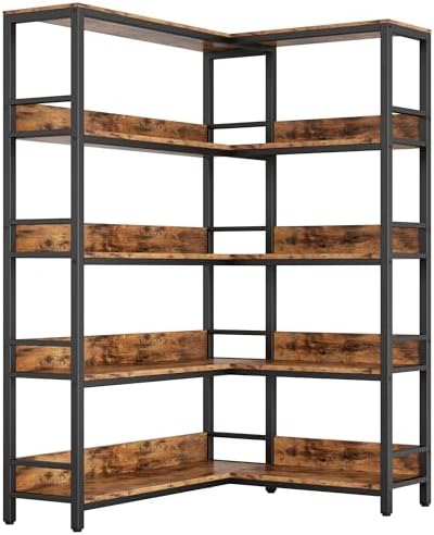 IRONCK Industrial Bookshelves 5 Tiers Corner Bookcases with Baffles Etagere Shelf Storage Rack with Metal Frame for Living Room Home Office