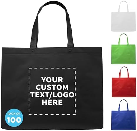 DISCOUNT PROMOS Custom Jumbo Sized Tote Bags Set of 100, Personalized Bulk Pack - Reusable Grocery Bags, Shopping Bags, Promotional Item Totes for Women - Black