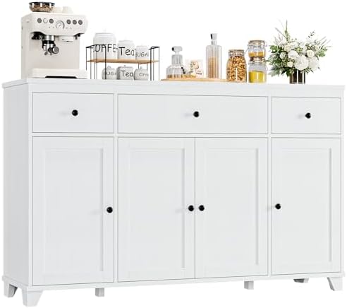 HIFIT 55" Large Kitchen Buffet Cabinet with Storage Drawers, Modern Sideboard Buffet Table Storage Cabinet with Doors and Shelves, Wood Coffee Bar Cabinet for Kitchen Dining Living Room, White