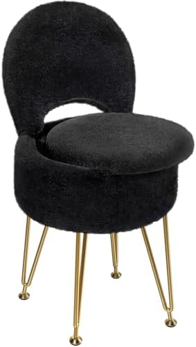 GREENSTELL Small Vanity Stool Chair with Storage and Folding Back, 13" x 13" x 17.7" Faux Fur Soft Ottoman for Teenager, 4 Metal Legs with Anti-Slip Feet, Furry Padded Seat for Makeup, Bedroom, Black